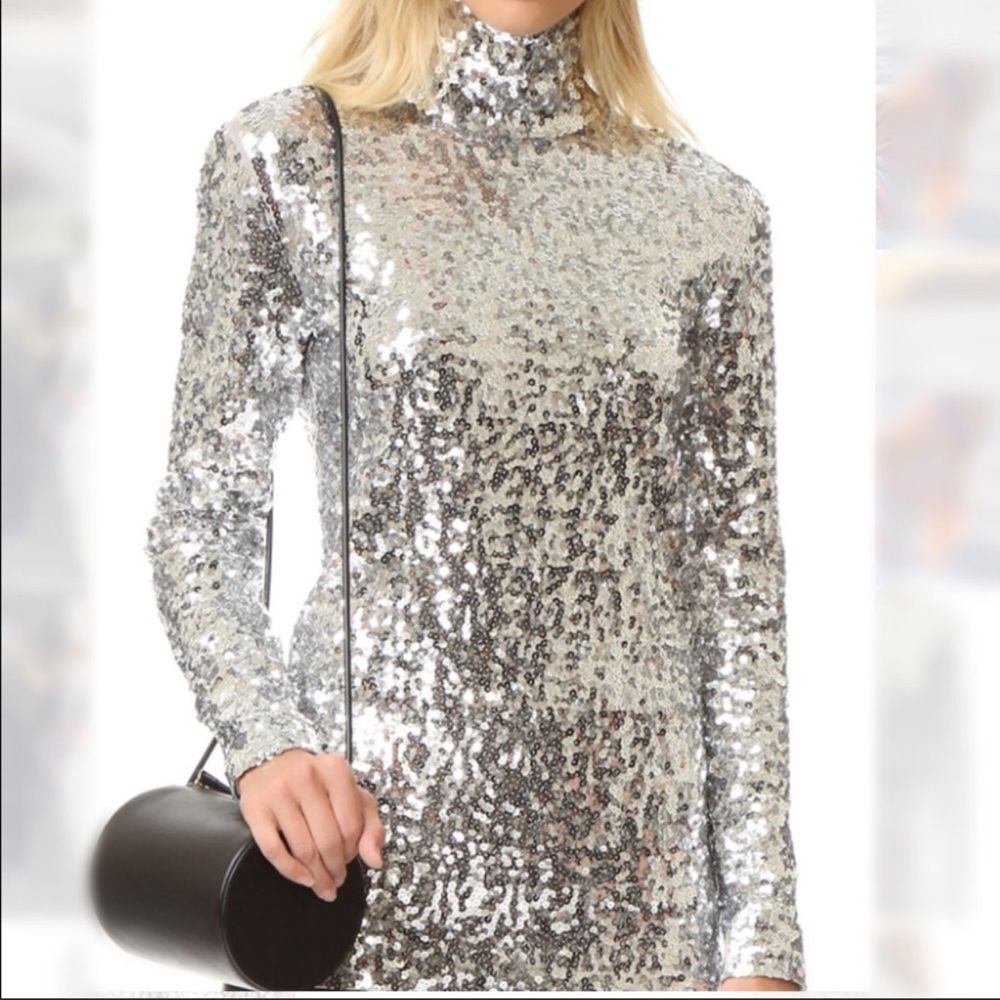 Long-Sleeve Silver Sequin Turtleneck Top